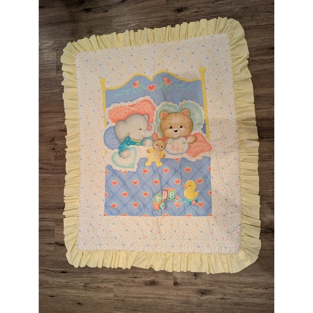 VTG Baby Crib Quilt Blanket Bear Elephant Duck Hearts Nursery Handmade Ruffle